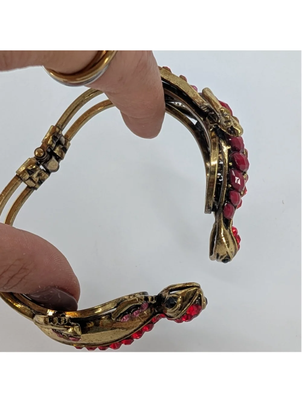 Lizard Rhinestone Hinged Cuff Bracelet Red Pink Gold Tone Statement Signed SDLZ